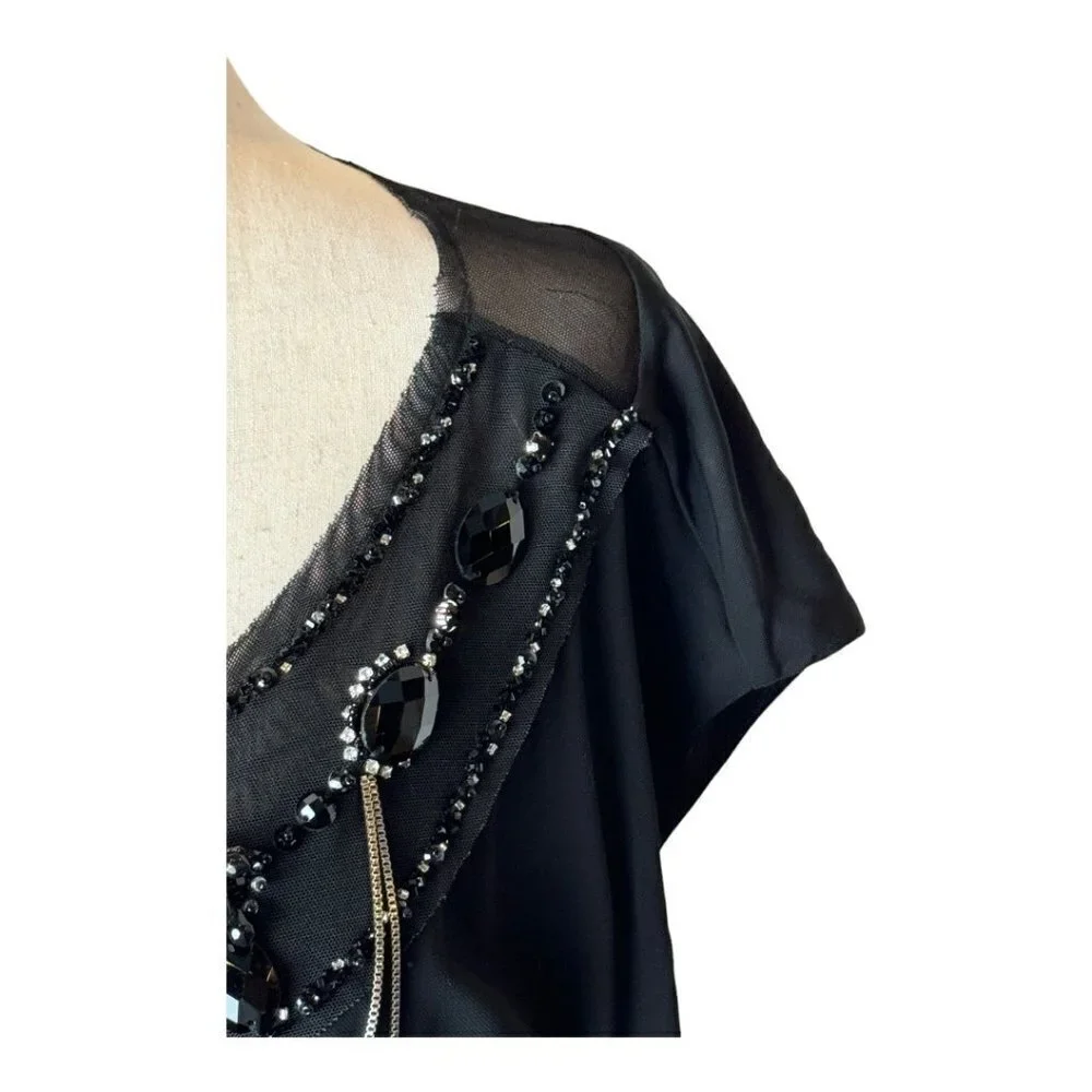 Alice + Olivia Black Beaded Jeweled Scoop‎ Neck Short Sleeve Mini Dress Size S